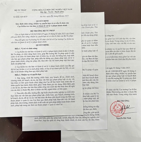 Cơ cấu mới của Cục Kiểm tra văn bản và Quản lý xử lý vi phạm hành chính sau hợp nhất